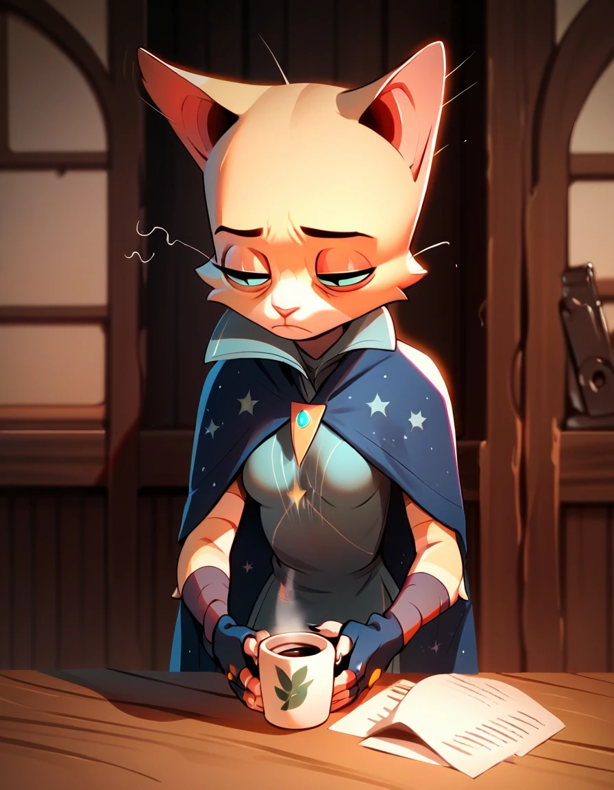 score_9, score_8_up, score_7_up, score_6_up, score_5_up, score_4_up, <lora:Zenobia_TPoD:0.8> zenobia, blue cape, fingerless gloves, petite, small breasts, thin, cup of coffee, tired, source_furry