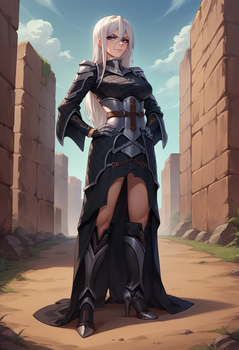 score_9, score_8_up, source_anime, 1girl, solo, AngeliseReiter, white hair, long hair, hair between eyes, makeup, armored dress, black dress, gauntlets, shoulder armor, metal underbust, legs, high heel boots,  smirk, hands on hips, outdoors, <lora:ChamAngeliseReiterPonyXL:1>