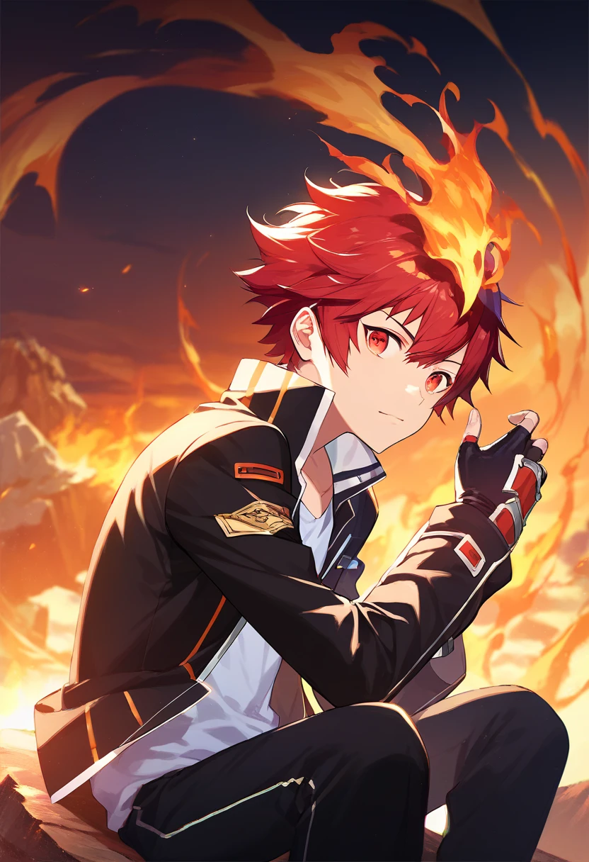 score_9, score_8_up, score_7_up, score_6_up, highly detailed, masterpiece, best quality,detailed,intricate details, amazing quality, best aesthetic, absurdres,source_anime,,fire, gloves, sitting, jacket, fingerless gloves, enma_hyper, fire on head, red hair, red eyes<lora:EMS-391989-EMS:0.800000>