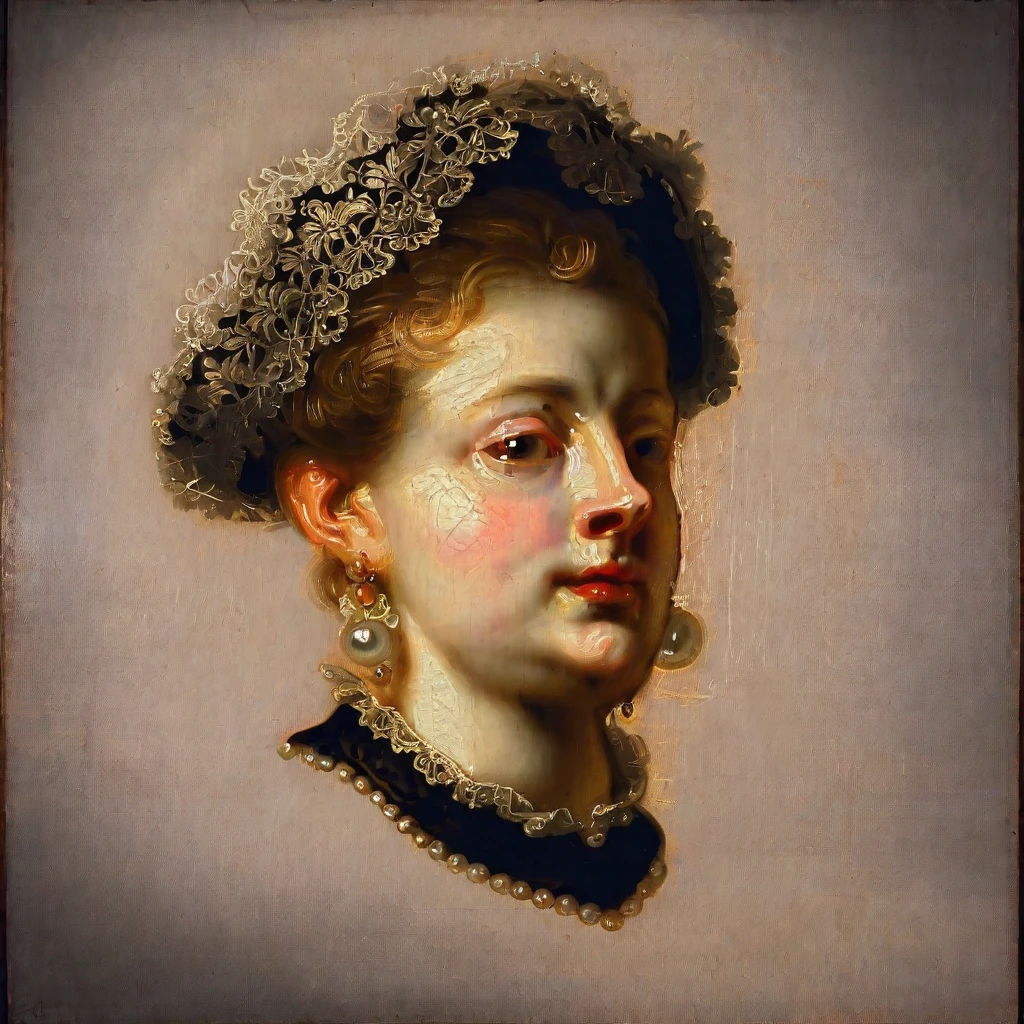 Baroque,Rubens,portrait,oil painting,17th century,woman,headshot,ornate headpiece,pearl earrings,lace collar,black dress,pensive expression,chiaroscuro lighting,dark background,classical composition,renaissance style,high quality,warm color tone,<lora:å½æ7å·-000012:1>,