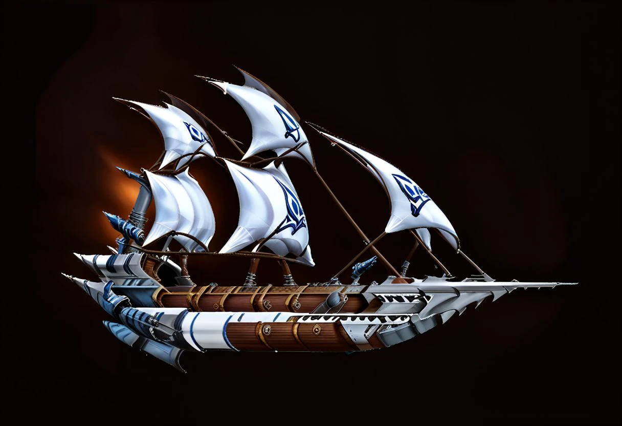 1 single ship, (white sails cloth large:2), eamflyship,  flying ship, side view, weapons on sides, bronze hull, heavy armored hull, armaments, cargo hull on sides, (glowing1.2) engine thrusters on backside, travel ship, plain dark background, highly detailed, high quality, masterpiece, ultra realistic, galeon, inflated sails