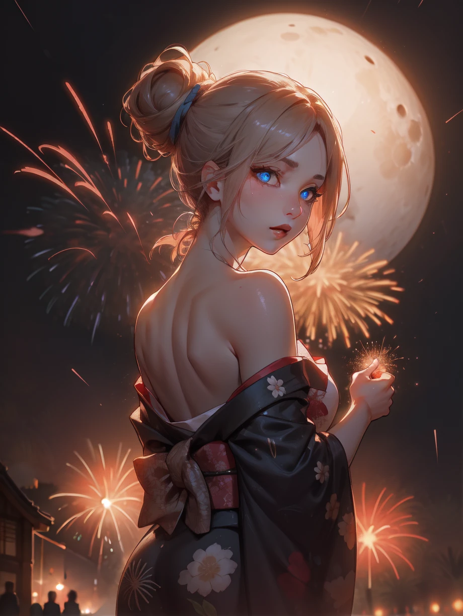 blurry background, house, 1girl, kimono, off shoulder, looking back, twisted torso, moon,fireworks festival, summer festival, updo, mood lighting, blue eyes, glowing eyes, cinematic lighting, backlighting, epic, light particles, strapless, dim lighting,, , portrait, rule of third, dynamic pose, dynamic angle, cinematic camera,