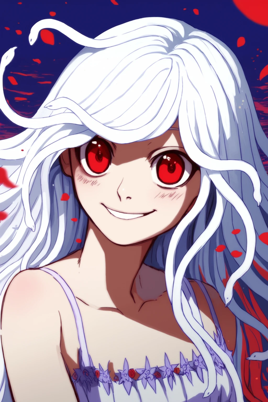 (score_9,score_8_up,score_7_up,),<lora:nadeko-000025:1>,nadeko white,white hair,long hair,red eyes,snake hair,white dress,(portrait:1.1),<lora:f3nn3rXLP:0.8>,f3nn3r,colourful,pink,blue,black,red,trippy,evil smile,