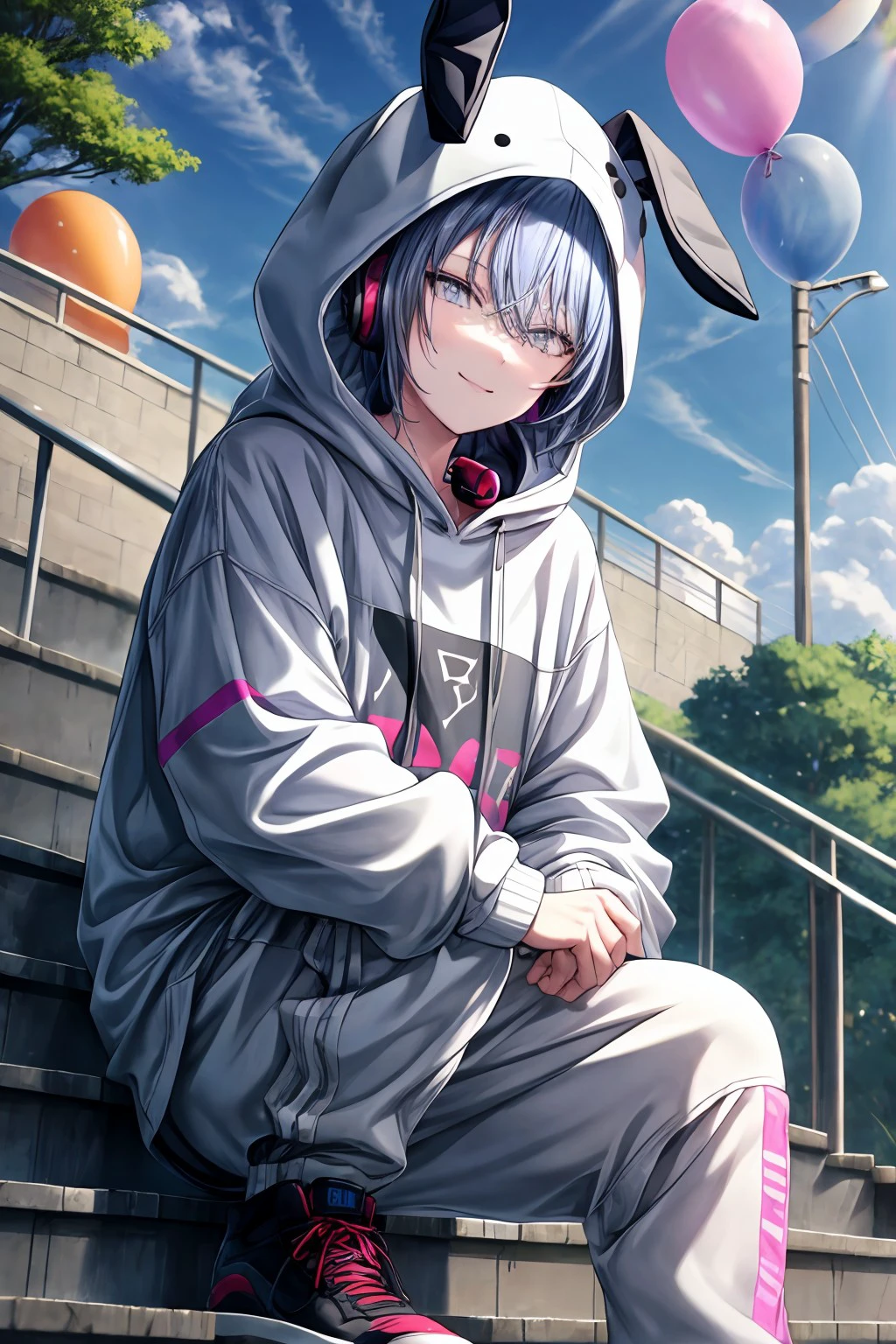 (masterpiece), best quality, expressive eyes, perfect face, toya, looking at viewer, smile, blue eyes, long sleeves, hat, animal ears, sitting, purple eyes, jacket, outdoors, sky, day, pants, cloud, hood, tree, blue sky, plaid, hoodie, feet out of frame, fake animal ears, headphones, stuffed toy, stuffed animal, hood down, building, red shirt, hood up, knee up, stairs, animal hood, sign, railing, drawstring, stuffed bunny, cross-laced clothes, balloon, brick wall, rainbow, white hoodie, street, colorful, rabbit hood, plaid pants, skateboard, pastel colors, <lora:08a29a0d-24a5-4c80-9eec-7c880dc8da88:0.7>, <lora:more_details:0.7>