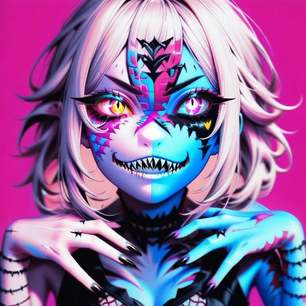 medium hair, piercing, no humans, heterochromia, blue skin, pink eyes, pink background, yellow eyes, black nails, sharp teeth