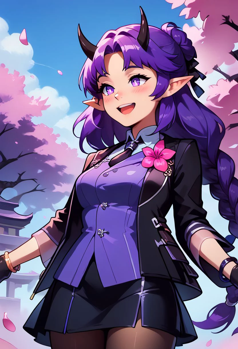 score_9, score_8_up, score_7_up, pretty girl, vivid bright colors, 
patHibiscus, long hair, purple hair, braid, pointy ears, horns, black necktie, purple shirt, black jacket, open clothes, pink flower, long sleeves, bracelet, black gloves, half gloves, black skirt, black pantyhose,
 smile, blush, outstretched arms, cherry blossoms, outdoors, petals, standing, cowboy shot, smile, open mouth,,