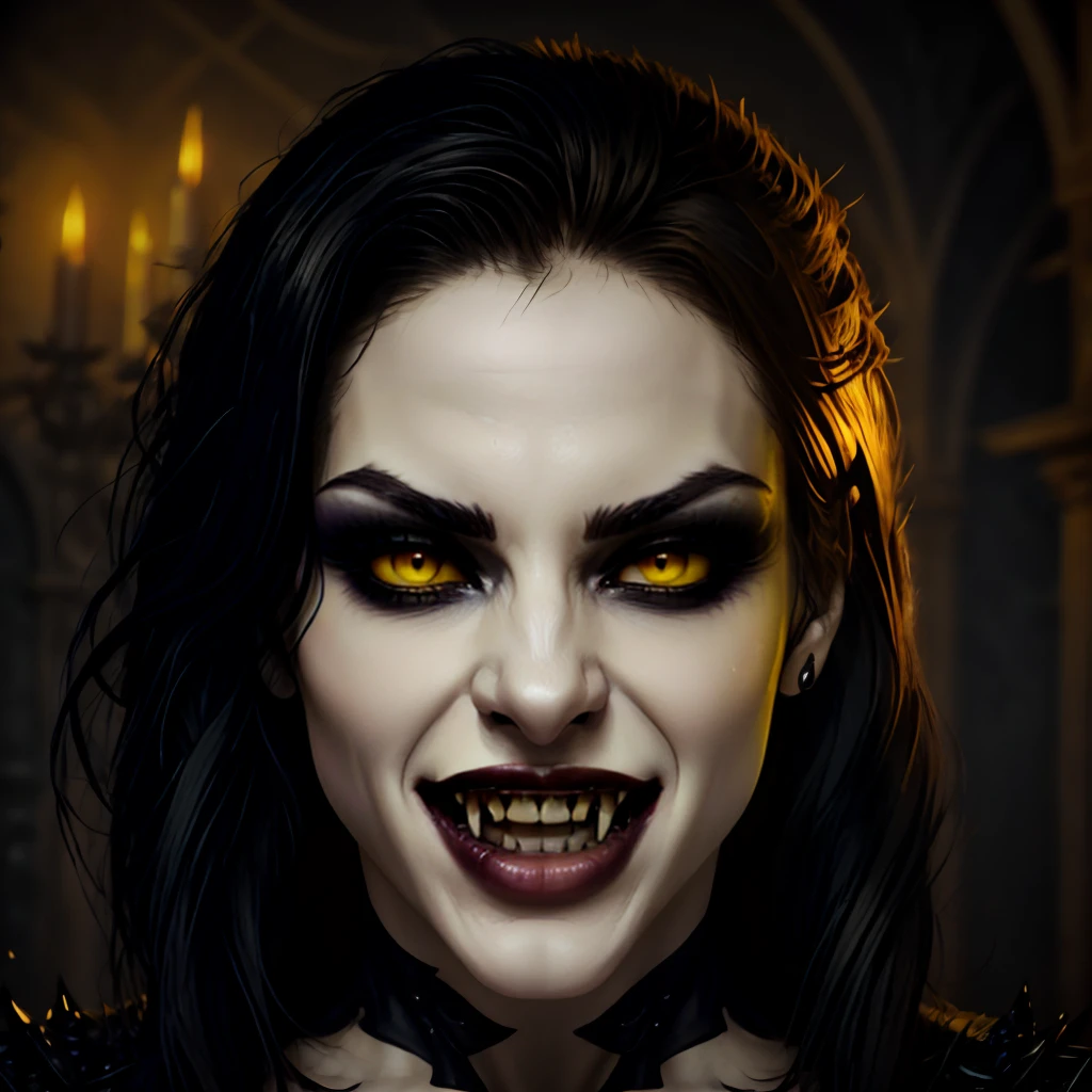 Photorealism, close-up headshot, WhitDel <lora:WhitneyDelgado_v2-rc1-42:1>, vampire, fangs, pale skin, yellow:0.1 eyes, teeth, (open mouth:0.6), gothic erotic horror, sexy, seductive, (evil:1.2)  <lora:VampireFangs-Prodigy-d16-a1:1>