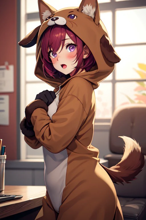 dog costume, 1girl, solo, short hair, looking at viewer, blush, tail, open mouth, animal ears, purple eyes, red hair, <lora:02768be6-7015-4ba2-97f3-69ab523e5261:0.7>