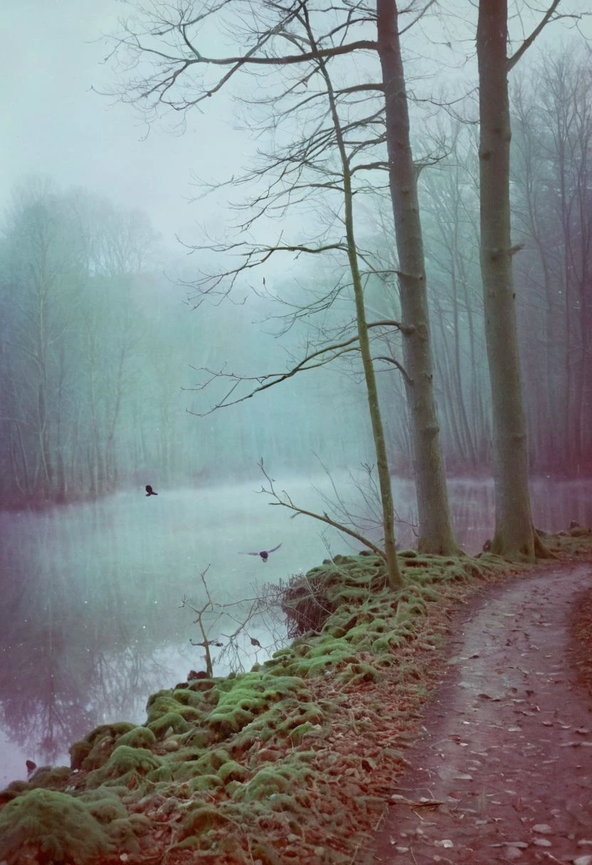 soaked_mundwasser, instagramphoto, a foggy forrest somewhere in europe with some birds in the sky, soft shadows, filmgrain