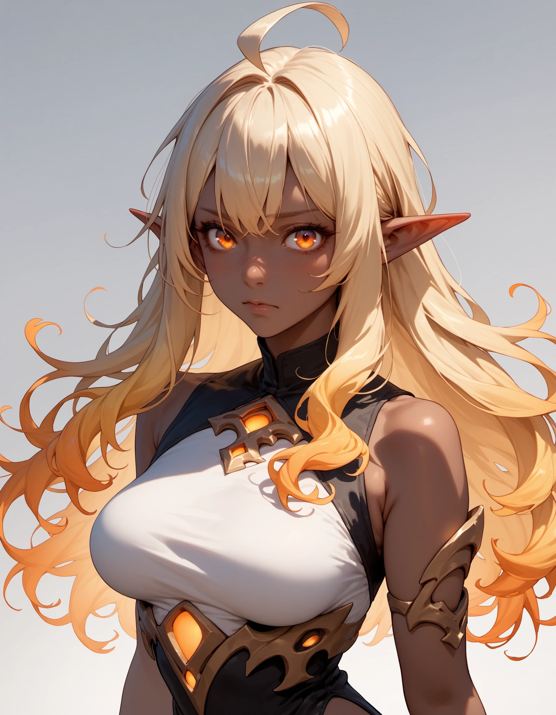 score_9,score_8_up,score_7_up,simple background,gradient background,glowing, blonde hair,gradient hair,ahoge,bangs,orange eyes,breasts,light blush,pointy ears,dark skin,dark elf,