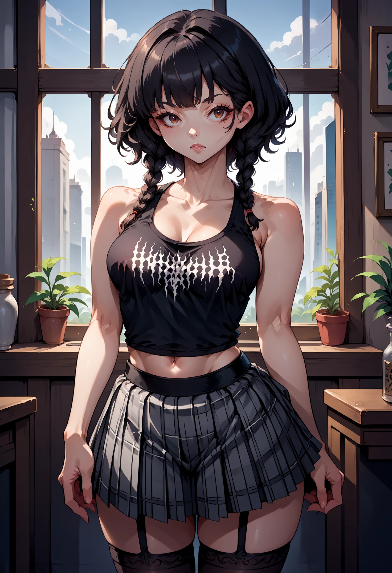 score_9, score_8_up,score_7_up, source_anime, rating_safe, 1girl, solo, <lora:EPblackmetalprint:1>, EPblackmetalprint, wearing EPblackmetalprint, black tank top, garter straps, zettai ryouiki, pleated skirt, plaid skirt, grey skirt, 1girl, brown eyes, black hair, braids, medium hair, indoors, standing