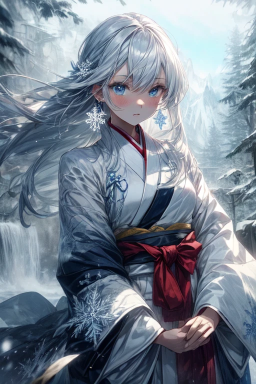 1 anime girl, solo, 1girl, elegant girl, cold and indifferent expression, white hair, icy blue eyes, icy miko clothes, bleu miko kimono, long hair, ofuda on the fronthead, little snowflake earrings, snowflake hair ornament, snowy mountain background with frozen waterfall, masterpiece, best-quality,