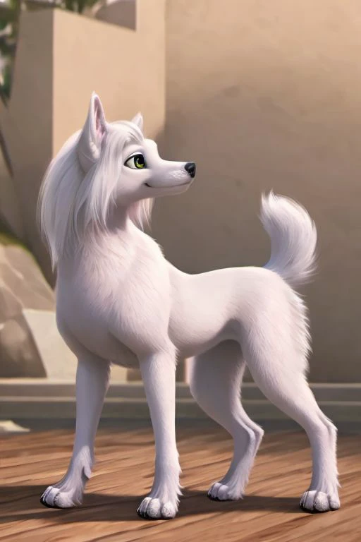 ((solo)), dog, iris, female, feral, tail, standing, side view, anatomically correct, realistic fur, detailed, quadruped, Realistic fur, best quality, masterpiece, detailed eyes, detailed pupil, ((full body)),