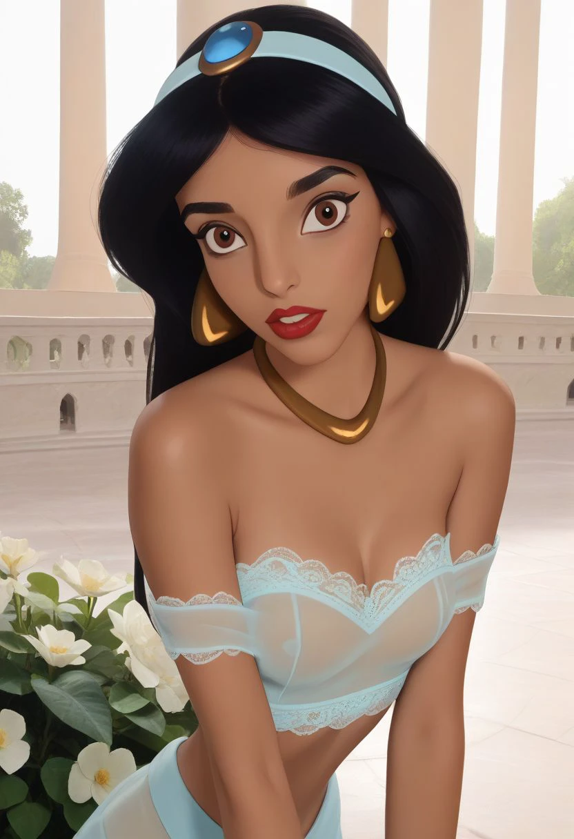 score_9, score_8_up, score_7_up, realistic photo of 18-year-old prjsmn, brown eyes, red lips, dark skin, black hair, long layered hair, hairband, teardrop earrings, necklace, (close-up), (looking at viewer), parted lips, blue lace off-shoulder midriff see-thru, shy look, parted lips, bedroom, toching her own breasts, squeeze tight, by loish, masterpiece, slim figure, petite, pale skin, indoor, shadowed royal garden, palace, flowers, trees, side lighting, warm lights