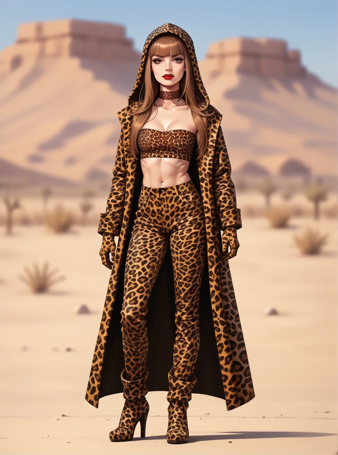 score_9, score_8_up, score_7_up, score_6_up, score_5_up, score_4_up, 1girl, long brown hair, brown eyes, blunt bangs, hud_t_d_i_m_m,  leopard print open coat, tube top, pants, choker, full body, hood, gloves, red lips, makeup, high heels, boots, <lora:impress_me:0.8>, desert