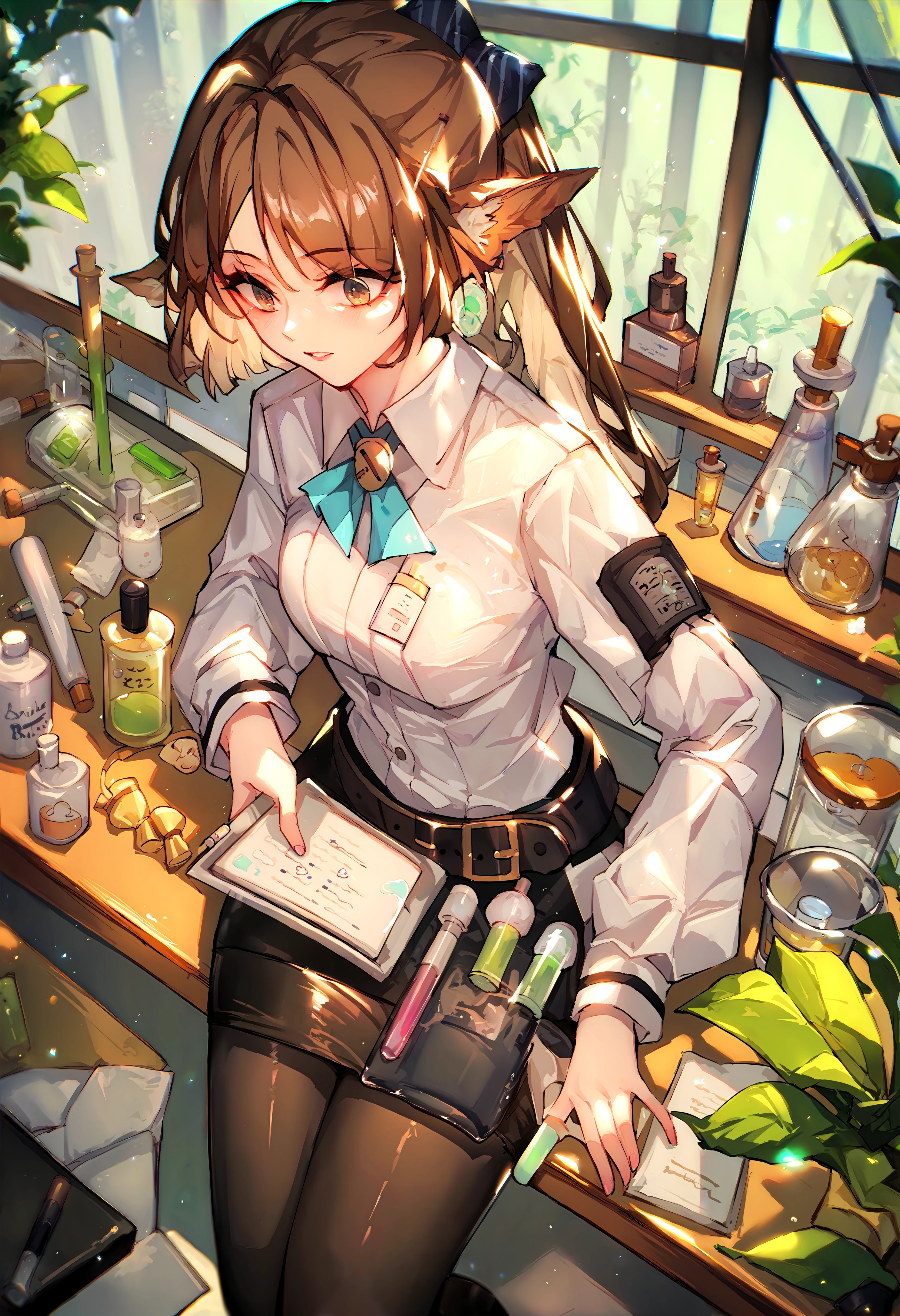 (score_9, score_8_up, score_7_up), 1girl, perfumer sp, pencil skirt, black pantyhose, in a lab, perfume bottle on table, test tube, <lora:perfumer-akPO-v1c-000008:0.9>