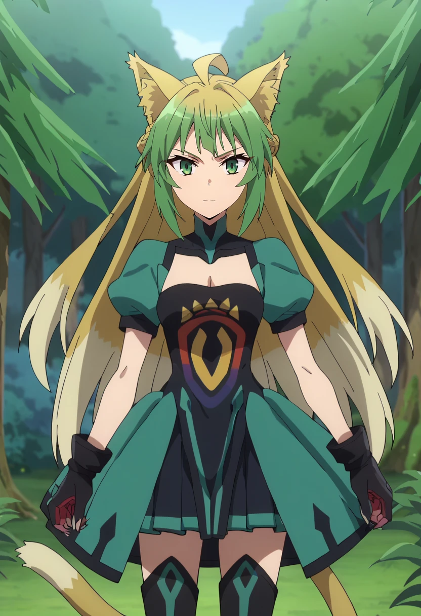 score_9, score_8_up, score_7_up, source_anime, anime screencap,
<lora:FateApocrypha_AtalantaXL:0.8>, AtalantaFA,
1girl, closed mouth,
multicolored hair, long hair, green eyes, ahoge, cat ears, cat tail,
multicolored dress, green dress, black dress, print dress, puffy short sleeves, cleavage cutout, gloves, thigh boots,
standing, looking at the viewer, thigh gap,
outdoors, forest