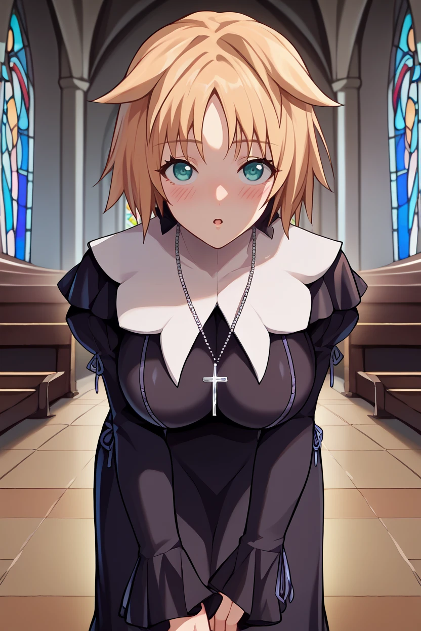 score_9, score_8_up, score_7_up, score_6_up, source_anime, BREAK 1girl, solo,  <lora:teresaberia-pdxl-nvwls-v1-000005:1> teresaberia, blonde hair, cross necklace, nun dress, black dress, long sleeves, cleavage, large breasts, looking at you, leaning forward, chestnut mouth, blush, church, indoors