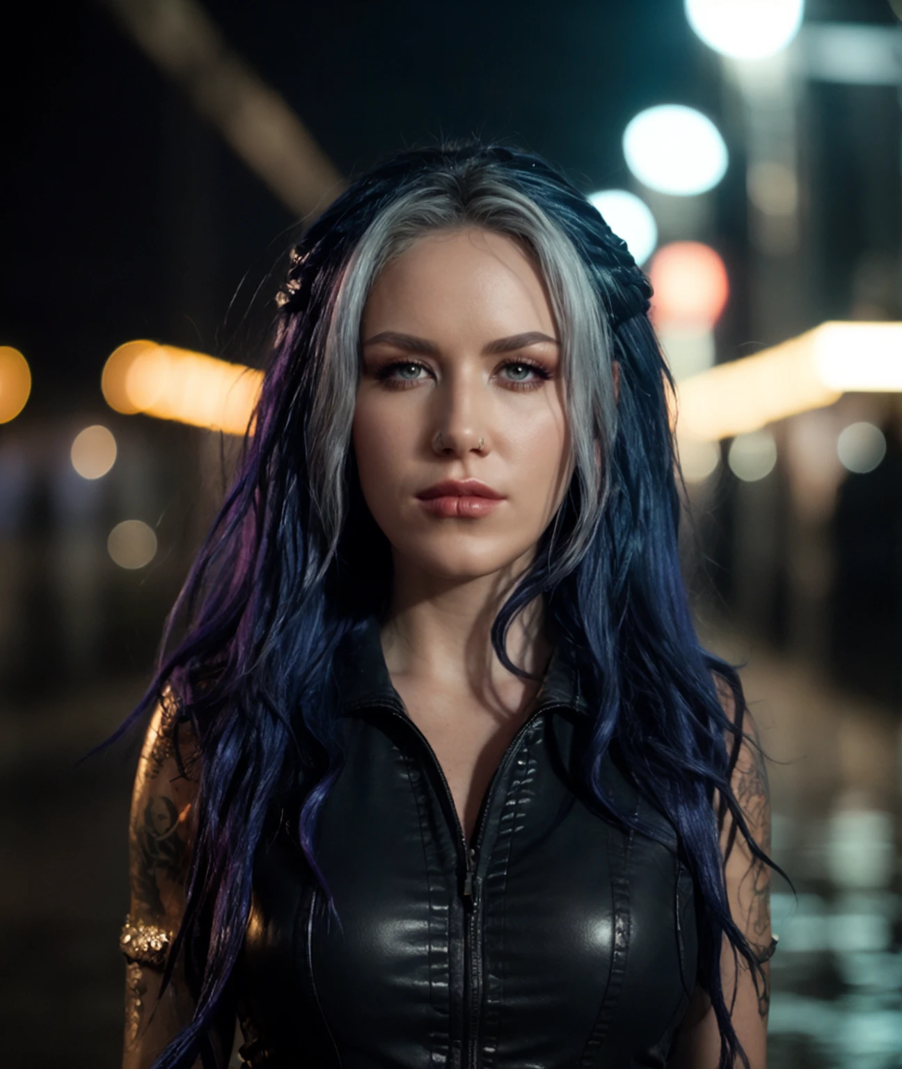 cinematic photo , <lora:quiron_AlissaWhiteGluz_v7230_Lora:0.87> , 1girl,  alissaWhiteGluz,solo, long hair, realistic, lips, looking at viewer, (night street) , , artistic journey through the fundamental forces of nature, inspired by the gentle breeze, flowing water,  . 35mm photograph, film, bokeh, professional, 4k, highly detailed