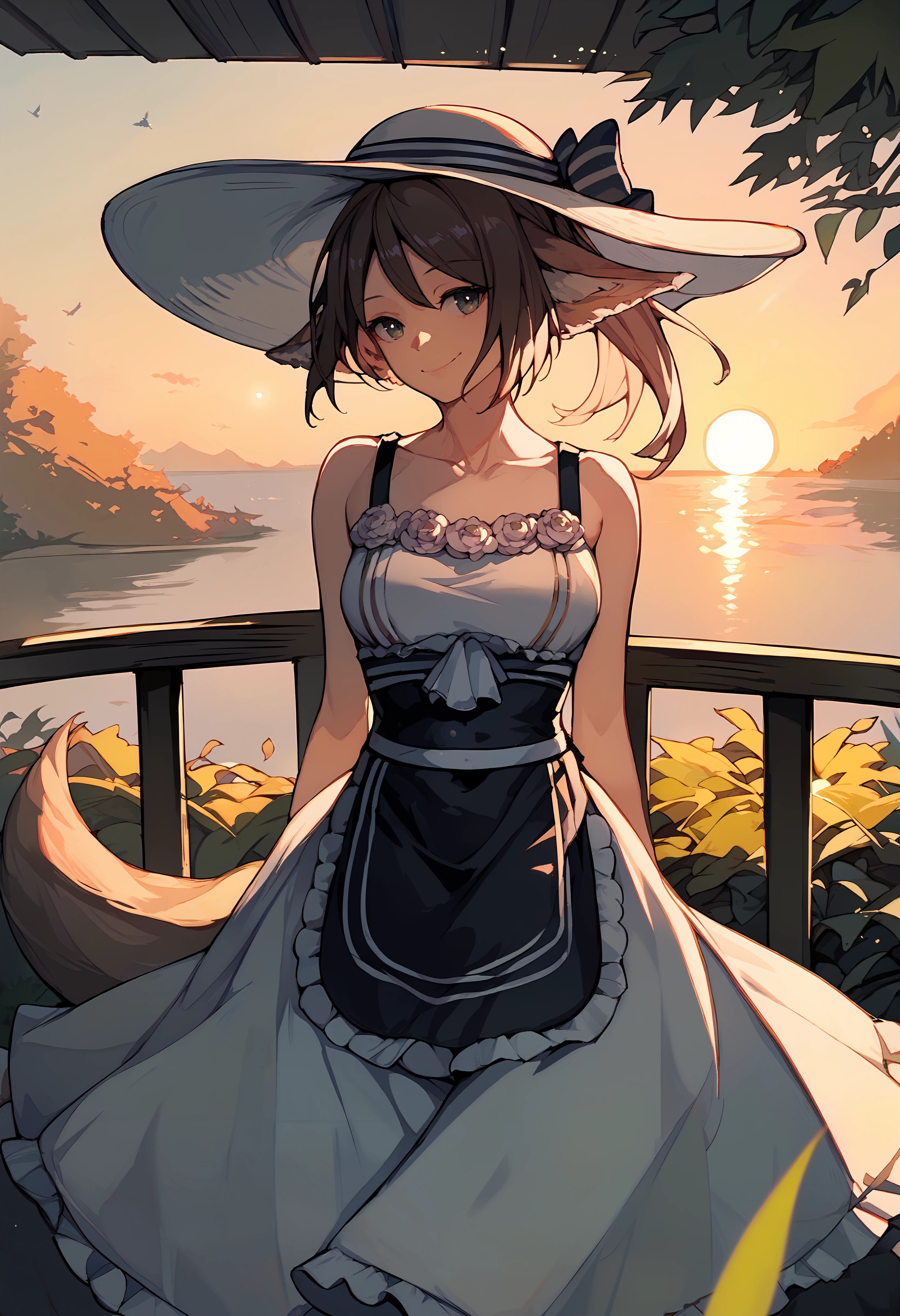 (score_9, score_8_up, score_7_up), 1girl, perfumer, waist apron, bare shoulders, bare arms, sun hat, fox tail, smile, closed mouth, sunset, <lora:perfumer-akPO-v1c-000008:0.9>
