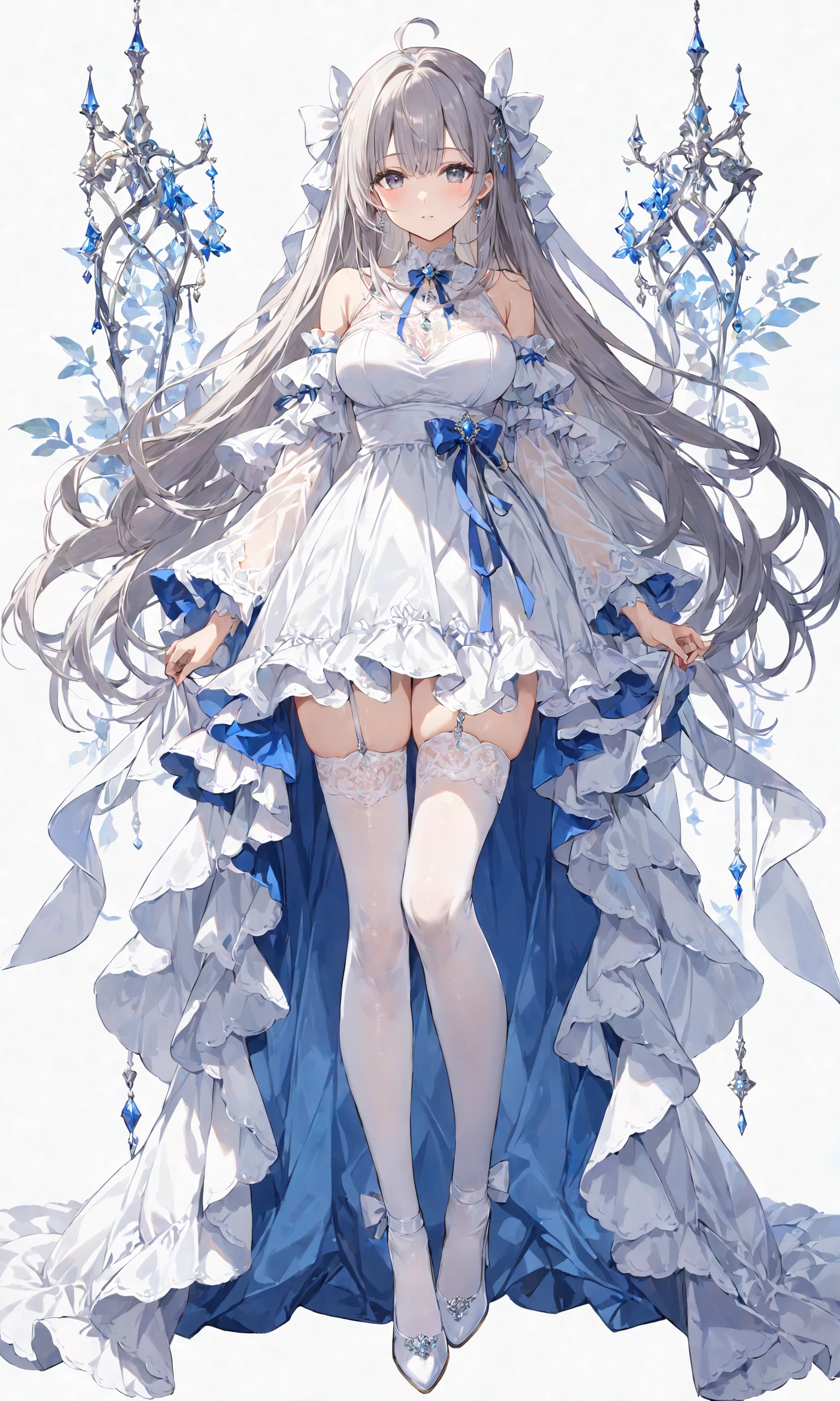 1girl, solo, long hair, breasts, bangs, simple background, thighhighs, white background, dress, bow, bare shoulders, jewelry, very long hair, closed mouth, full body, ahoge, grey hair, frills, detached sleeves, wide sleeves, white dress, high heels, white thighhighs, see-through, grey eyes, garter straps, white footwear, white bow, gem, white theme
, masterpiece, best quality, score_9, score_8_up, score_7_up, ultra-detailed,