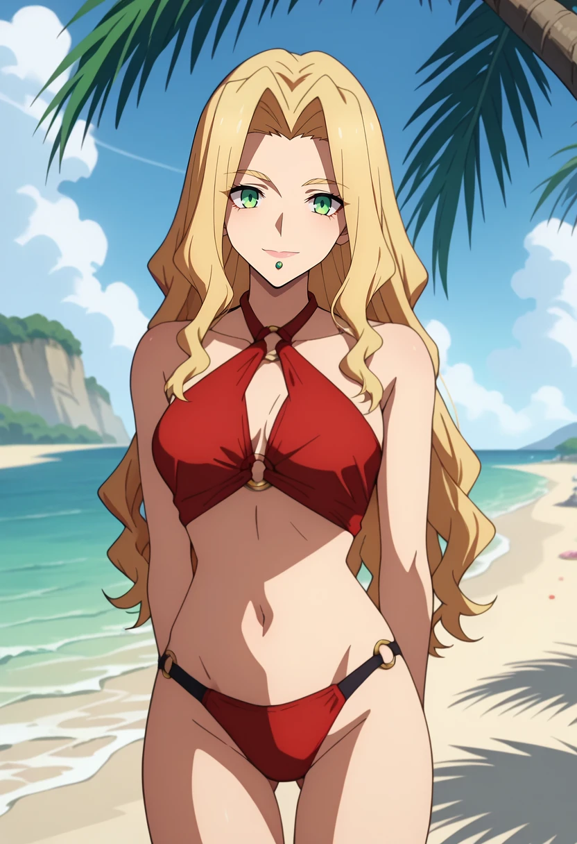 score_9, score_8_up, score_7_up, source_anime, anime screencap,
<lora:FateGrandOrder_QuetzalcoatlXL:0.8>, QuetzalcoatlFGO,
1girl, closed mouth, light smile, 
blonde hair, long hair, green eyes, chin piercing,
red bikini, halterneck, o-ring,
standing, looking at the viewer, thigh gap, arms behind back,
outdoors, beach, ocean, palm tree