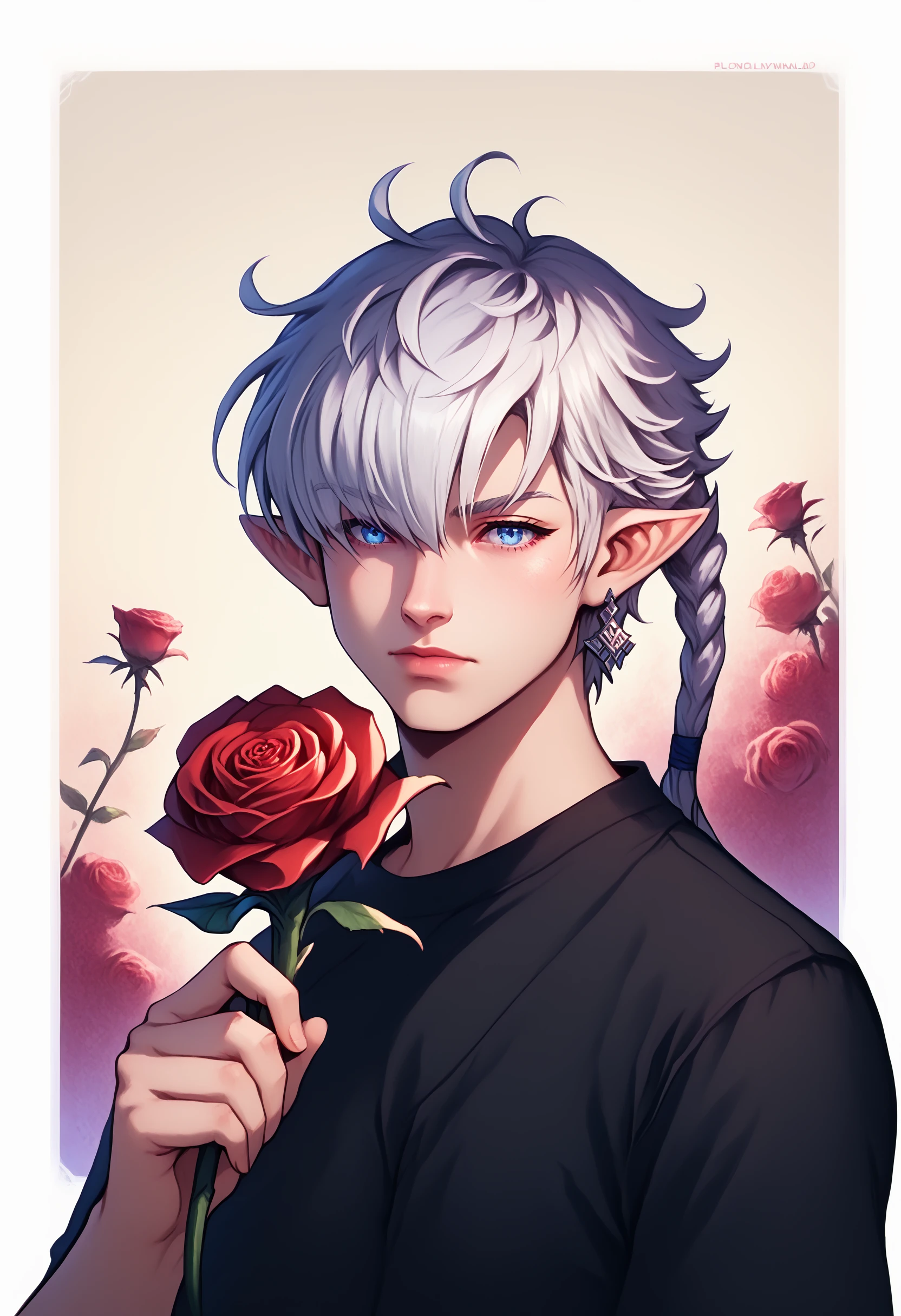 Alphinaud, looking at viewer, blue eyes, shirt, holding, upper body, braid, flower, hair over one eye, black shirt, single braid, rose, border, red flower, portrait, braided ponytail, holding flower, zPDXL , <lora:Alphinaud_FFXIV:1>