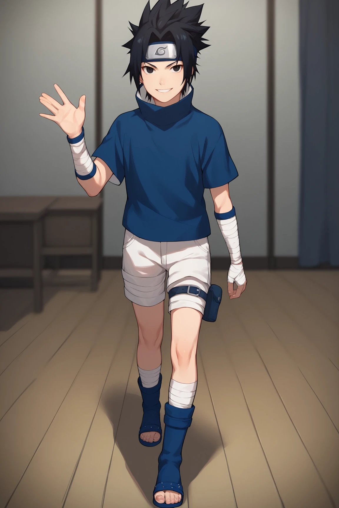 score_9, score_8_up, score_7_up, score_6_up, score_5_up, score_4_up, SasukeGEXL, black eyes, black hair, short hair, spiked hair, parted bangs, forehead protector, high collar, blue shirt, short sleeves, detached sleeves, white shorts, blue footwear, legs bandages, toeless footwear, solo, standing, waving, seductive smile, looking at viewer, indoors <lora:SasukeGEXL:0.8>