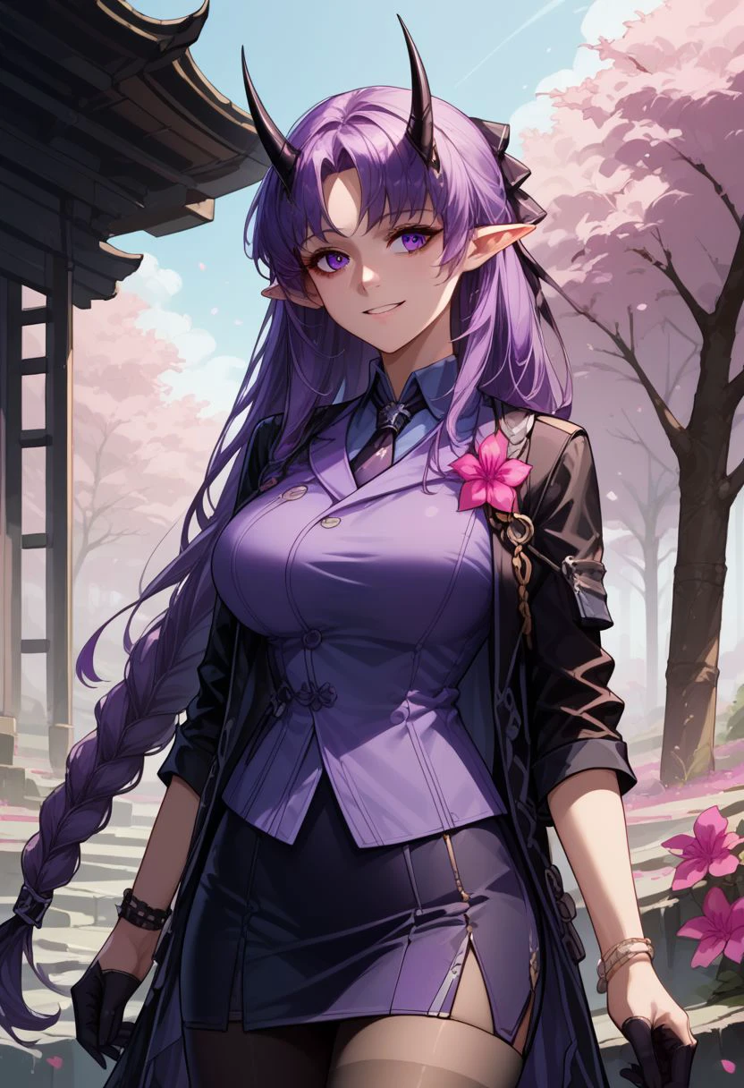 score_9, score_8_up, score_8, score_7_up,score_6_up,
patHibiscus, long hair, purple hair, braid, pointy ears, horns, black necktie, purple shirt, black jacket, open clothes, pink flower, long sleeves, bracelet, black gloves, half gloves, black skirt, black pantyhose,
cherry blossoms, outdoors, petals, standing, cowboy shot, smile, Expressiveh