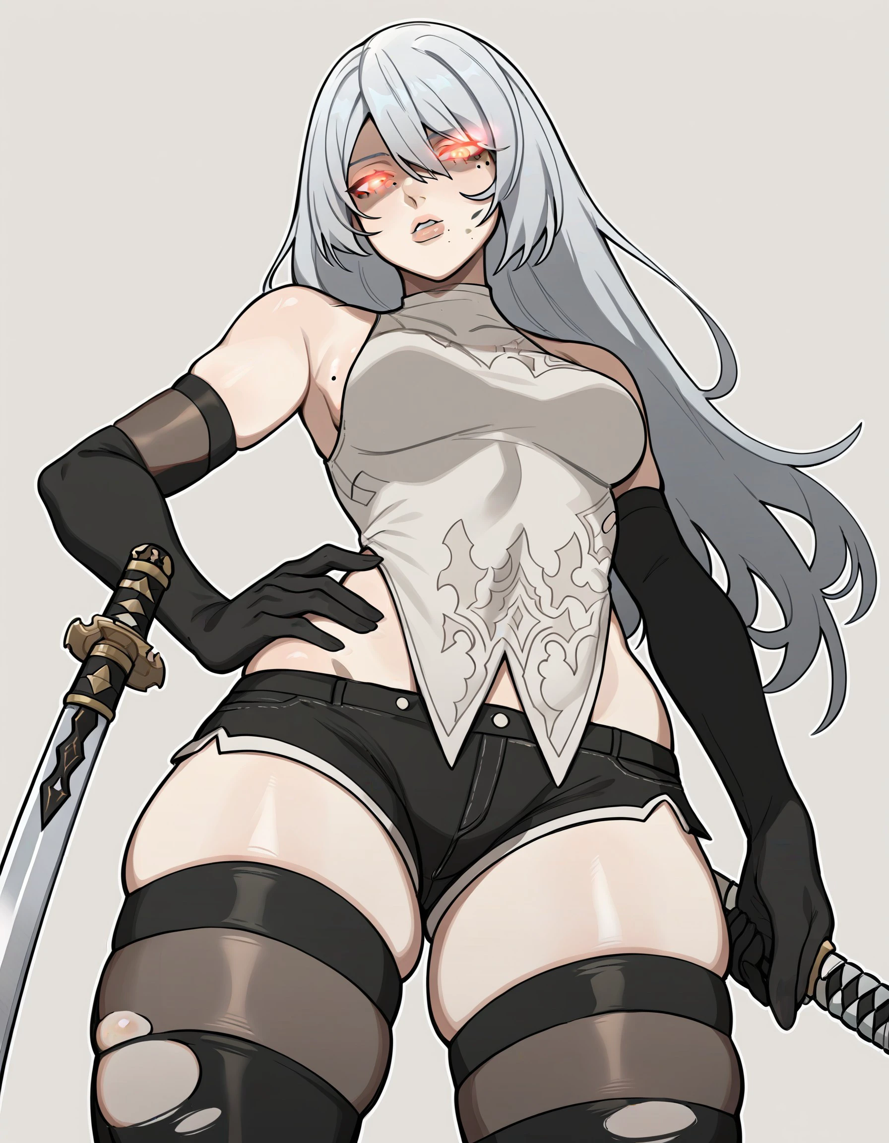 1girl a2_(nier:automata) black_gloves black_shirt black_shorts black_thighhighs blue_eyes breasts dirty_face dirty dirty_face dolphin_shorts elbow_gloves from_below gloves glowing glowing_eyes hand_on_own_hip highres holding holding_sword holding_weapon katana long_hair looking_at_viewer looking_down medium_breasts micro_shorts mole mole_under_mouth nier:automata nier_(series) parted_lips porqueloin shirt shorts skindentation sleeveless sleeveless_shirt solo straight_hair sword thighhighs torn_clothes torn_thighhighs weapon white_hair, Thick Tribal Style, <lora:93620cfd-4e08-4d6b-9a9d-fbaa84992aac:0.7>