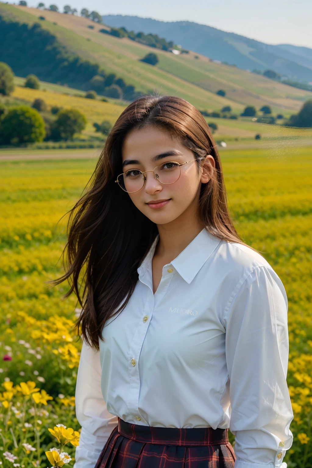 a ((portrait, upper body focus)) photograph of (1girl, 21 years old, slight smile),  <lora:ZH_AJRaval_v1SD1.5:1>, zh_ajraval, solo, realistic, long hair, brown eyes, looking at viewer, wearing (button shirt, glasses, and plaid skirt)