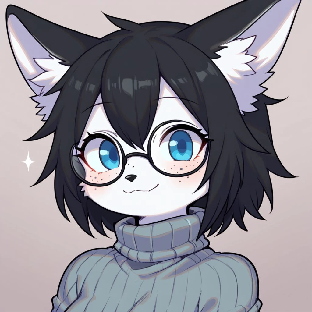 midna, fox ears, 1girl, fox girl, furry female, eyewear, freckles, turtleneck, smile, black hair, short hair,  bangs,  blue eyes, headshot, by rikose