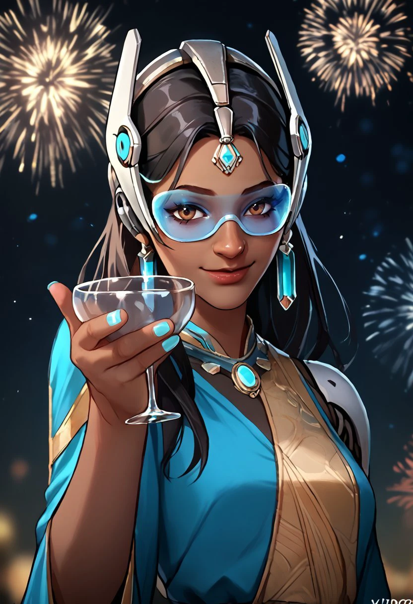 score_9, score_8_up, score_7_up, score_6_up, symow-dh, smile, holding cup, blue fireworks, dark-skinned female, black hair, long hair, forehead jewel, single mechanical arm, blue tinted eyewear, headgear, lips, earrings, brown eyes, makeup, nose, sleavless blue dress, nail polish, aqua nails, science fiction <lora:Symmetra_Overwatch_Classic_outfit_PDXL:0.8>  <lora:holding_cup_toasting_xlpony:1>