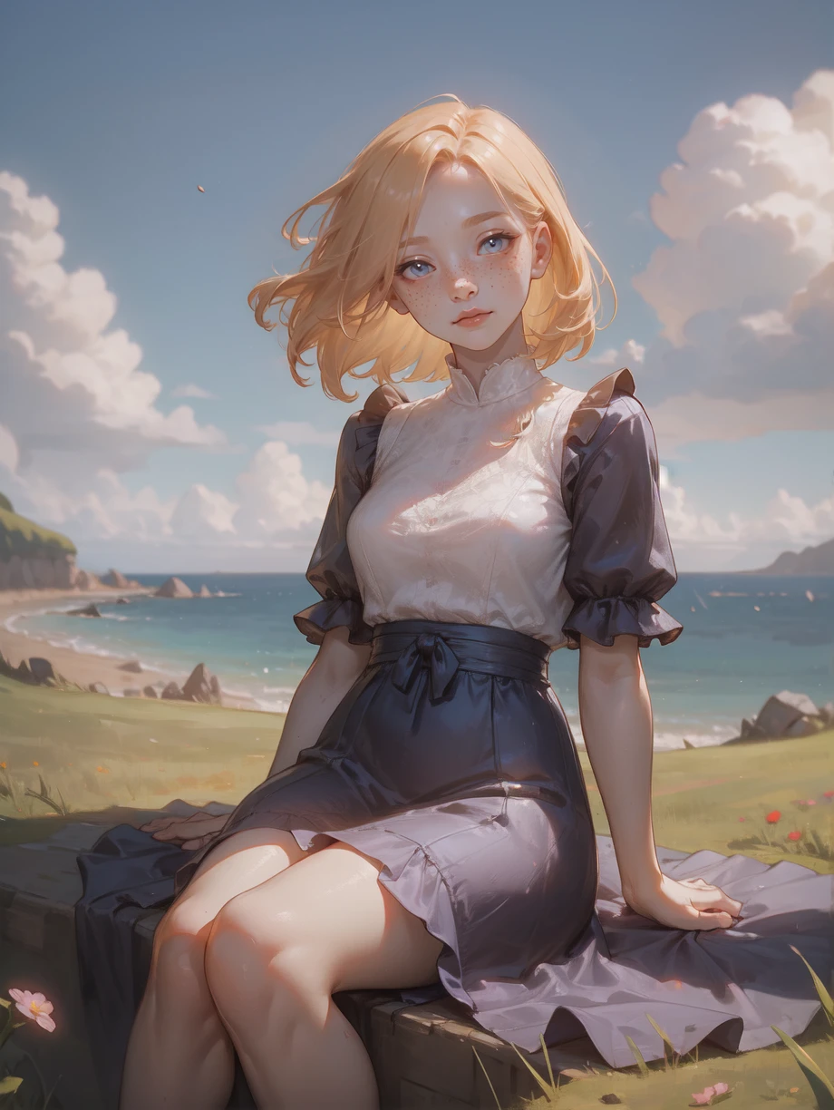 a young ginger girl, freckles, bright blue frilled dress, looking at viewer, head tilt, sitting on grassy hill, overlooking the ocean, vibrant colors, bright blue sky, fluffy white clouds, serene atmosphere, wildflowers, gentle breeze, detailed, high contrast, scenic coastline, summer day, peaceful setting, soft lighting, portrait,