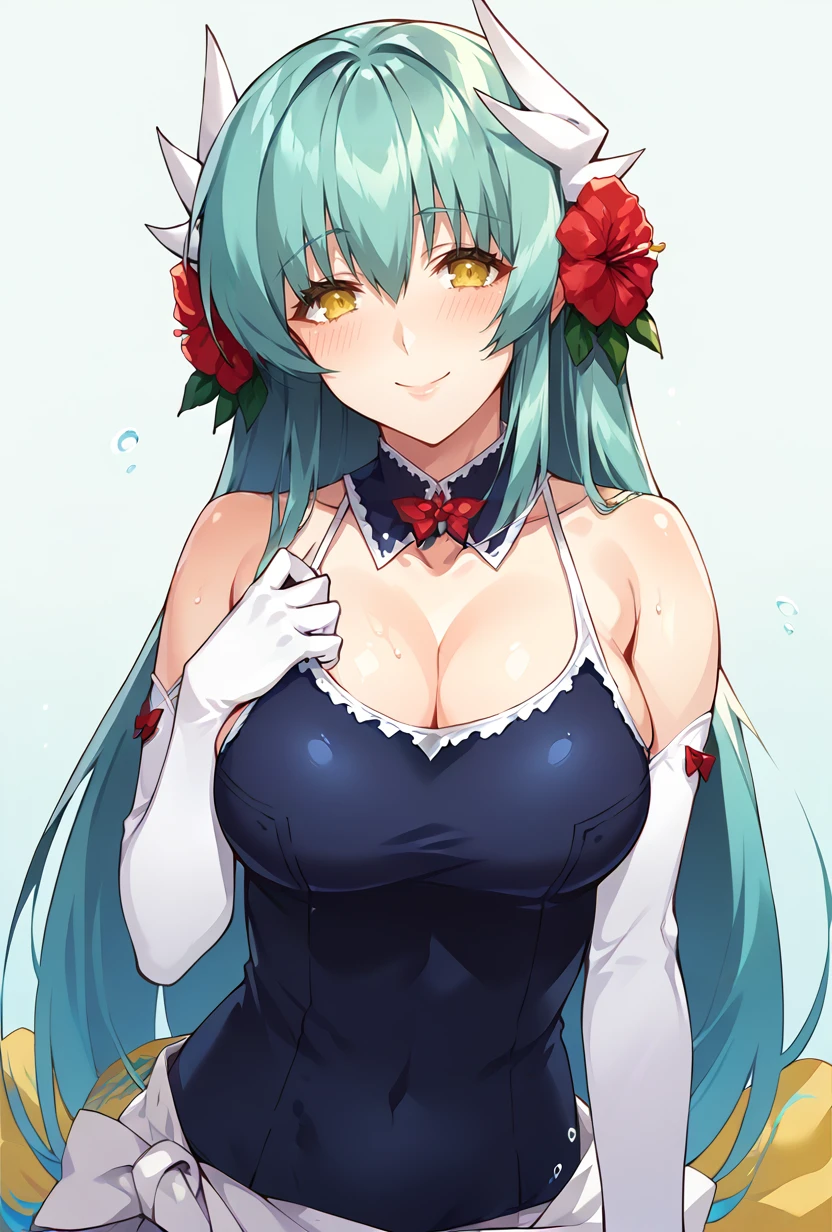 score_9,score_7_up <lora:kiyohime_(lancer)_XL_1:1>  bbkiyo, long hair, aqua hair, white horns, hair flower, red flower, yellow eyes, detached collar, cleavage, school swimsuit, blue one-piece swimsuit, elbow gloves, white gloves, sash, blush, smile, mature girl, mature female  <lora:hwansang-Style-PonyXL-Dora-000035:1>