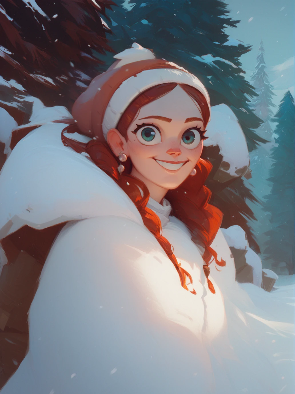 Portrait of girl with red hair and with cute face, north pole vibe, perfect composition, hyperrealistic, super detailed, 8k, high quality, trending art, trending on artstation, sharp focus, studio photo, intricate details, highly detailed, by greg rutkowski