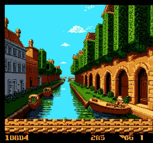 nes_style, 1boy, canal landscape, video game, plain background, <lora:Nintendo_NES_Style:1>