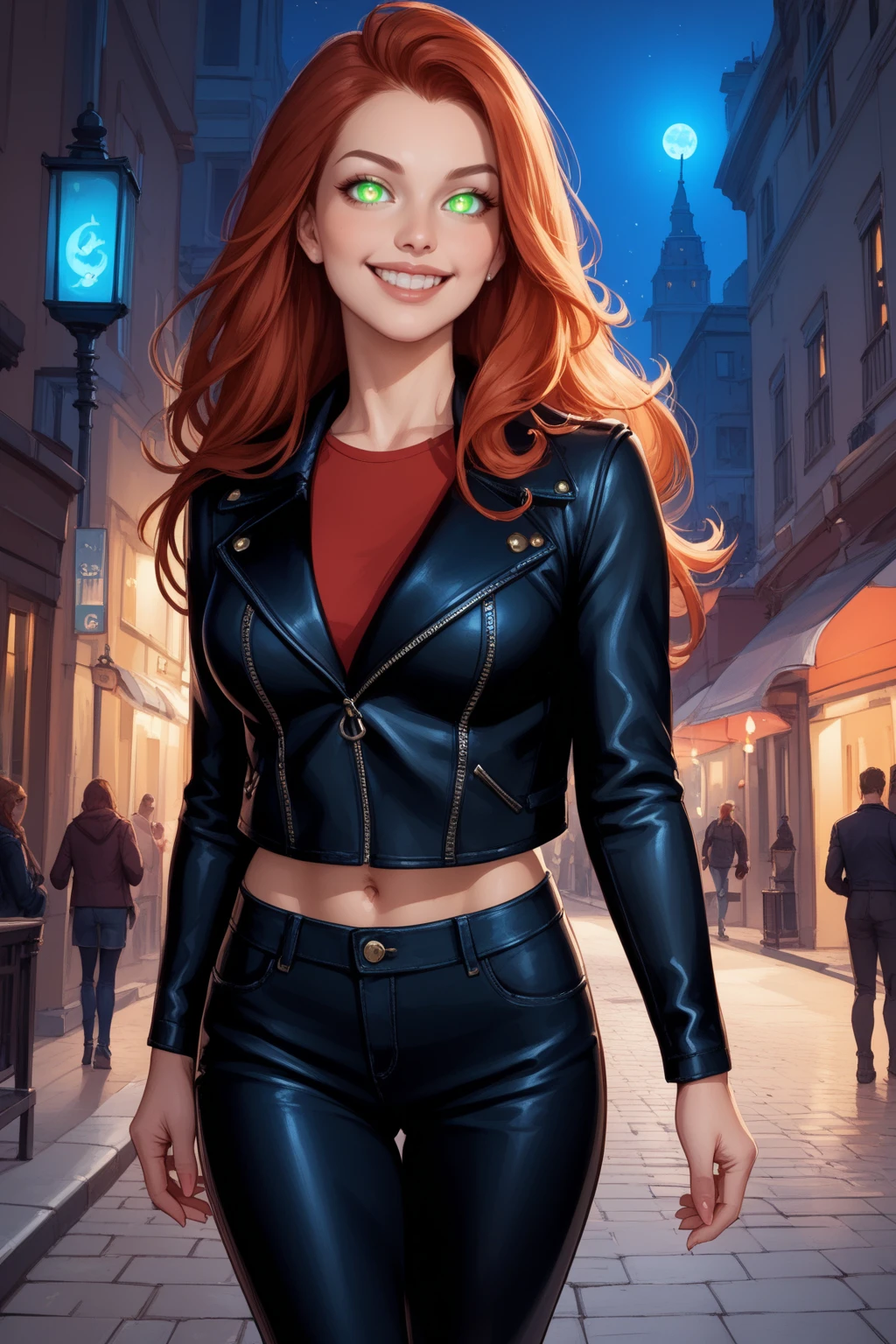 score_9, score_8_up, score_7_up, masterpiece, high quality, BREAK Realistic
 <lora:She SpawnPonyLoRA:1>sespwn, long hair, green eyes, leather jacket, shirt, leather pants, walking on a street, in a city, at night, glowing eyes, grin