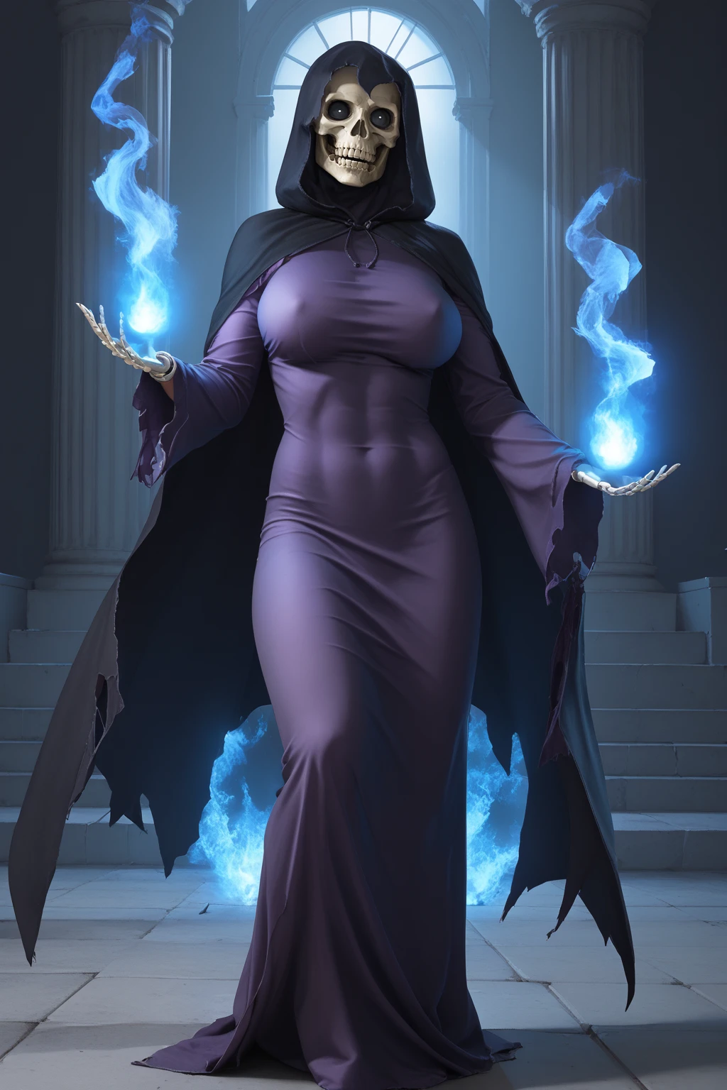 score_9, score_8_up, score_7_up, masterpiece, high quality, BREAK, beautiful woman, cute woman, fit, slender body, big breasts
 <lora:Mistress DeathPonyLoRA:1> mstrssdeth, hood up, hooded cloak, skull head, dress, skeleton, torn clothes, no pupils ,black eyes, no human, blue fire, magic, aura