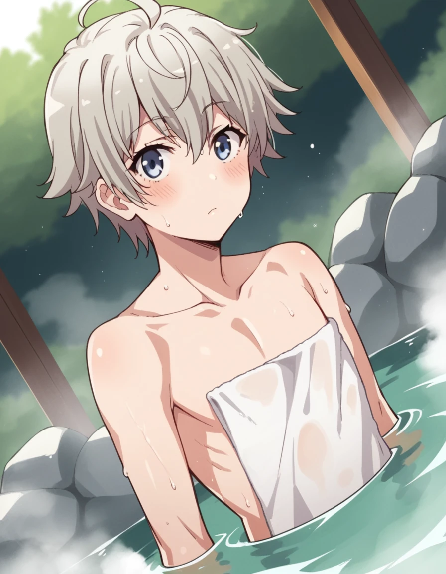 score_9, score_8_up, score_7_up, source_anime,
saikatotsuka, <lora:saika-totsuka-s2s3-ponyxl-lora-nochekaiser:1>,
saika totsuka, blue eyes, ahoge, grey hair, androgynous,
nude, naked,
outdoors, onsen, towel, naked towel, steam, bathing, nude cover, partially submerged, water, bath, steam censor, wet towel, blush,
looking at viewer, cowboy shot, solo, dutch angle,