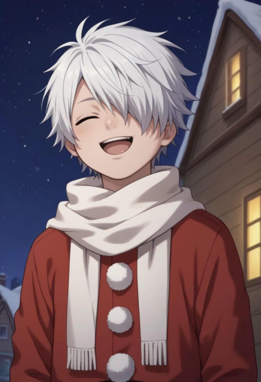 score_9, score_8_up, score_7_up, source_anime, highly detailed, human child,
lag, 1boy, solo, male focus, closed eyes, hair over one eye, smile, open mouth, scarf,
parody, white hair, white scarf, santa costume,
outdoor, night sky,