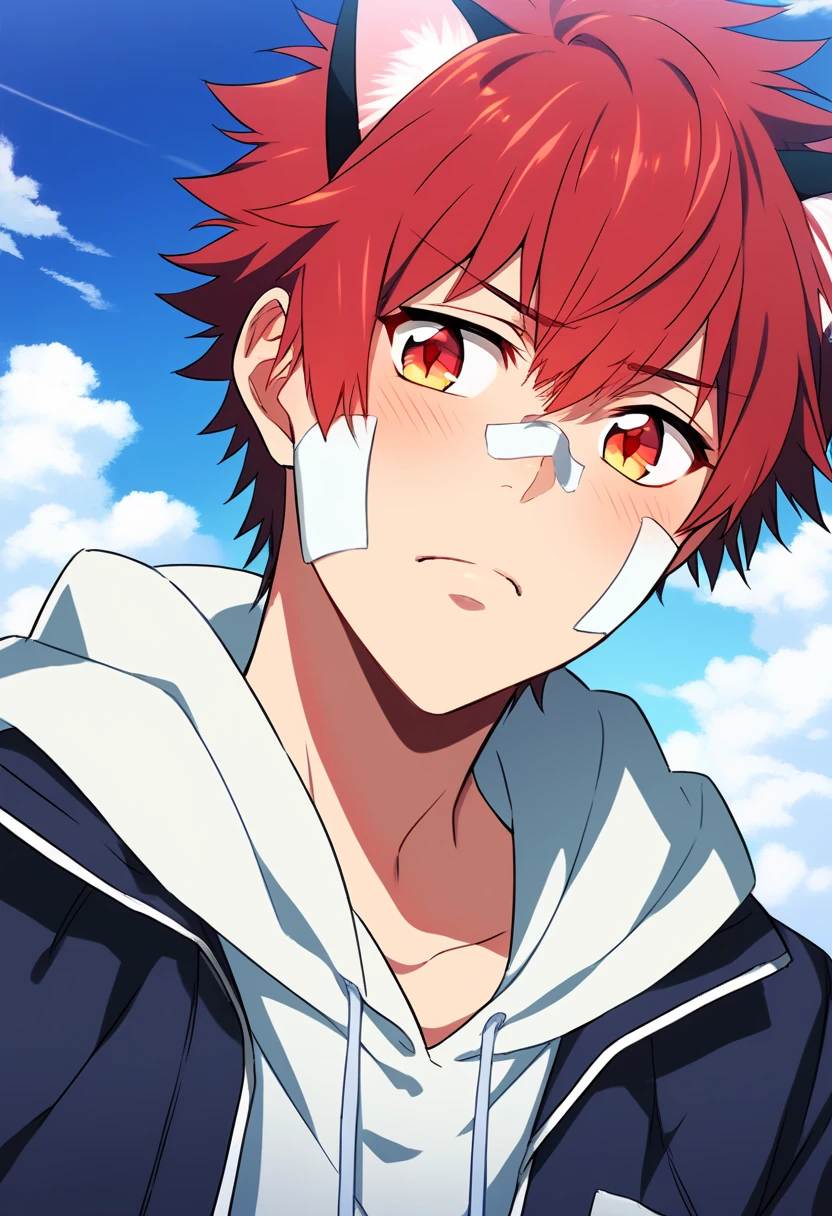 score_9, score_8_up, score_7_up, score_6_up, highly detailed, masterpiece, best quality,detailed,intricate details, amazing quality, best aesthetic, absurdres,source_anime,enma kozato, red hair, red eyes, 1boy, male focus, hoodie, solo, bandaid, hood, cat ears,cat tail,blush<lora:EMS-391989-EMS:0.800000>