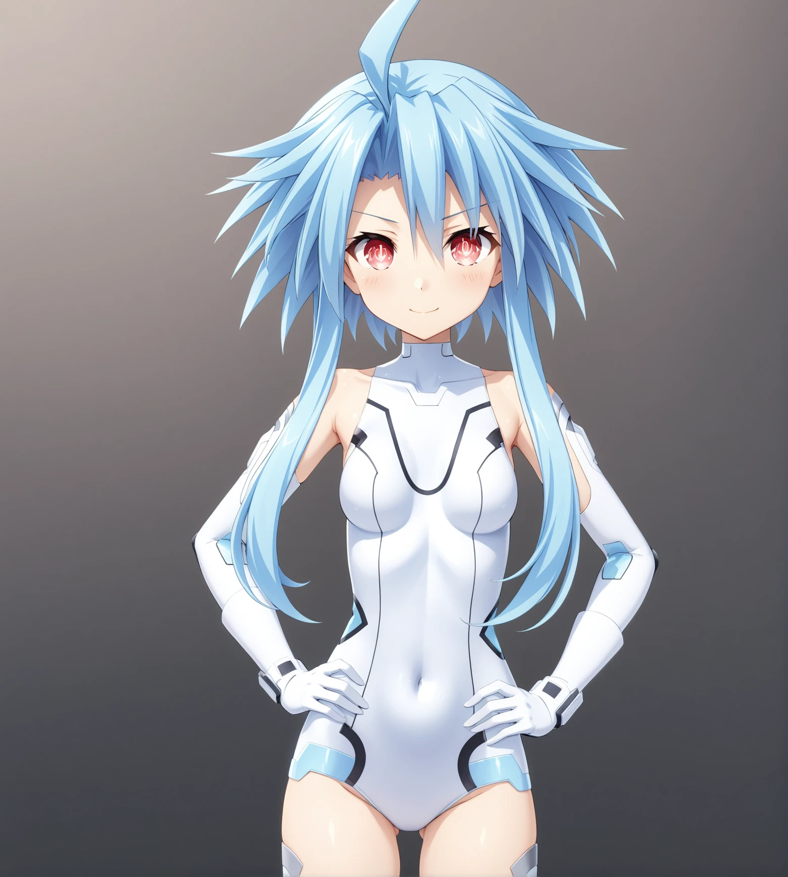 masterpiece, best quality, very aesthetic, ultra detailed, intricate details, 4k, anime style,
aiwhiteheart, 1girl, solo, blush, smile, bangs, power symbol, symbol-shaped pupils, aqua eyes, red eyes, short hair, hair between eyes, blue hair, light blue hair, with long locks, breasts, medium breasts, small breasts, 
thighhighs, gloves, standing, ahoge, sidelocks, elbow gloves, white gloves, white thighhighs, leotard, covered navel, skin tight, white leotard, white heart \(neptunia\), 
standing, upper body, looking at viewer, hands on own hips, simple background, gradient background, <lora:White_Heart_XL:1>