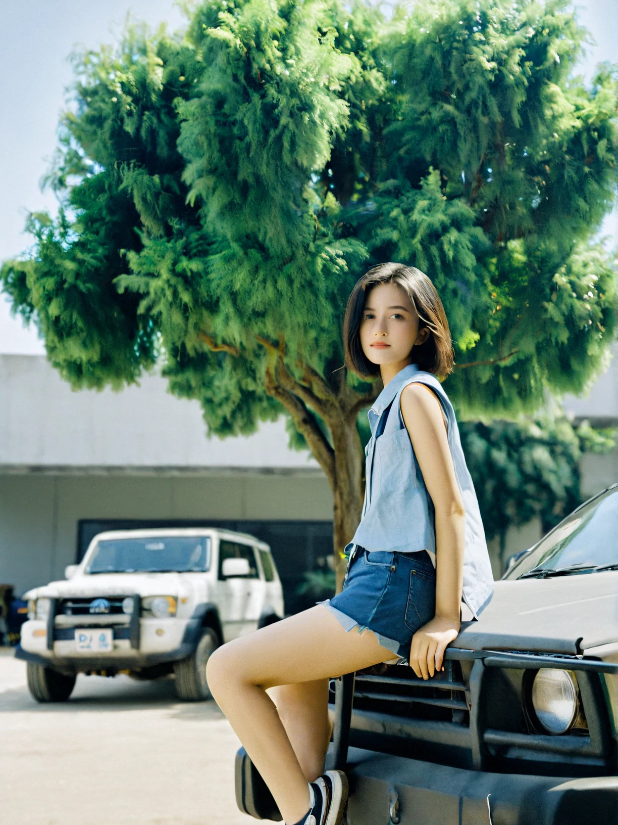 jiFilm,1girl,shorts,realistic,outdoors,denim,solo,ground vehicle,building,shirt,car,denim shorts,motor vehicle,street,black hair,sleeveless,day,tree,sky,short hair,<lora:20240611-1718040971673:1.2>,, (masterpiece, best quality, highres:1.2),