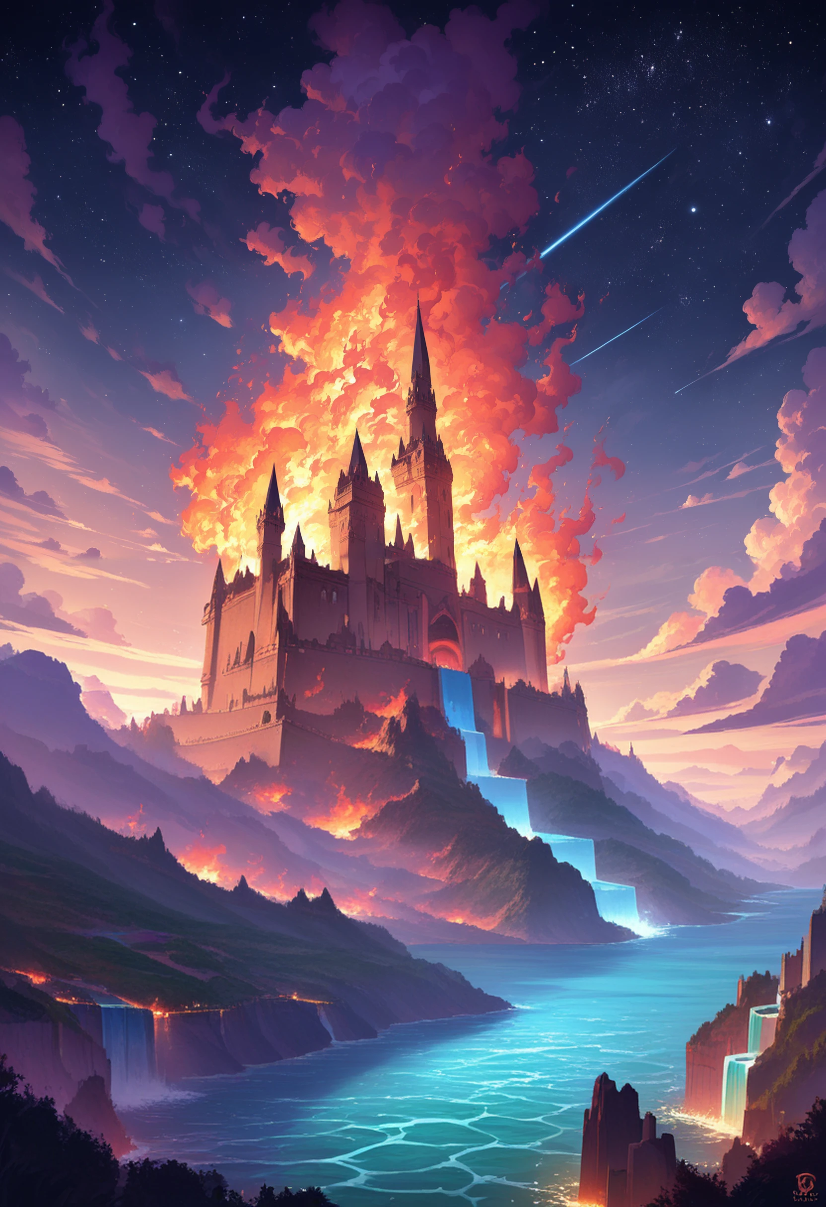 f1r3elemental style, scenery, sky, cloud, no humans, outdoors, cloudy sky, fantasy, water, star (sky), waterfall, tower, starry sky, castle, fire, flames, smoke, embers, made of fire, on fire, BREAK zPDXL , <lora:END-Fire_Elemental_Style:0.8>