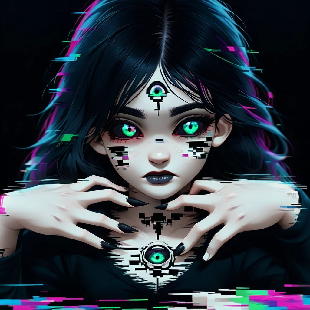 black lips, colored sclera, black background, makeup, tokusatsu, neck tattoo, green eyes, extra eyes, glitch, fingernails