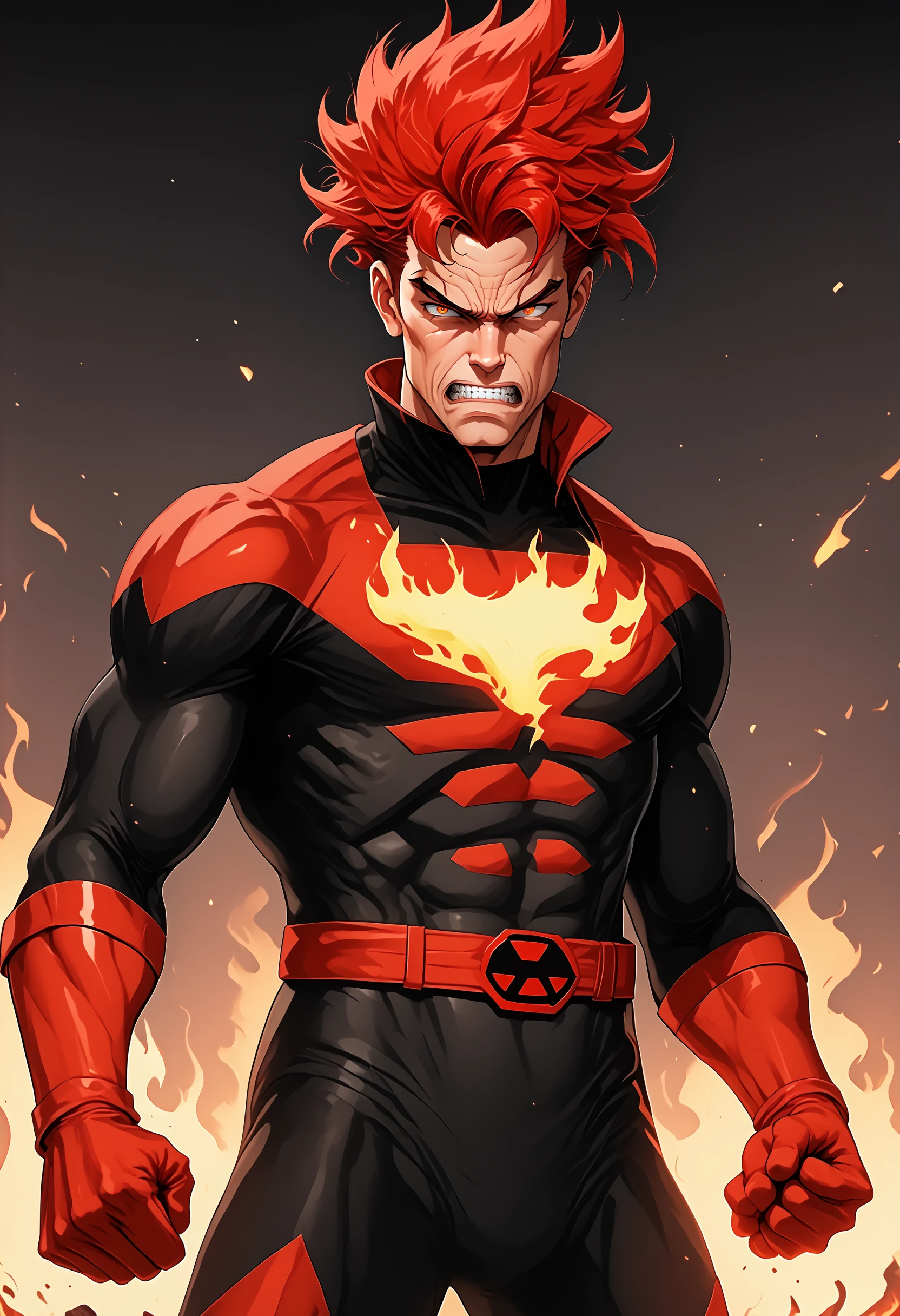 f1r3elemental style, fire, male focus, 1boy, solo, superhero, muscular, muscular male, bodysuit, spiked hair, clenched teeth, covered abs, fiery hair, burning, teeth, clenched hands, short hair, pectorals, red hair, fire, flames, smoke, embers, made of fire, BREAK PonyXLV6_Scores , <lora:END-Fire_Elemental_Style:1>