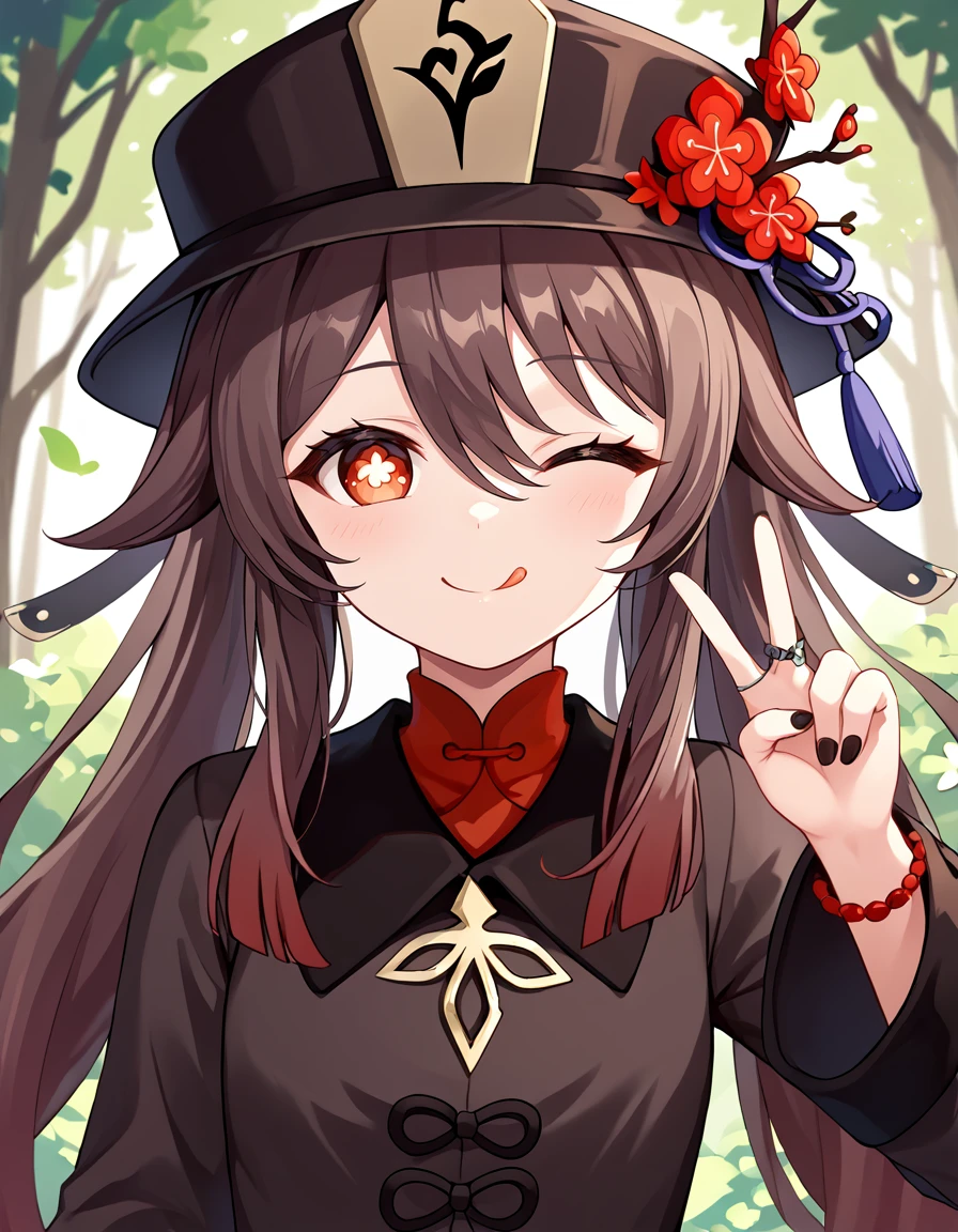 score_9, score_8_up, score_7_up,
hu tao,official_costume,
v, cute, smiling, happy, tongue out,one eye closed, forest background, flowers, 
 <lora:hutao:0.9>