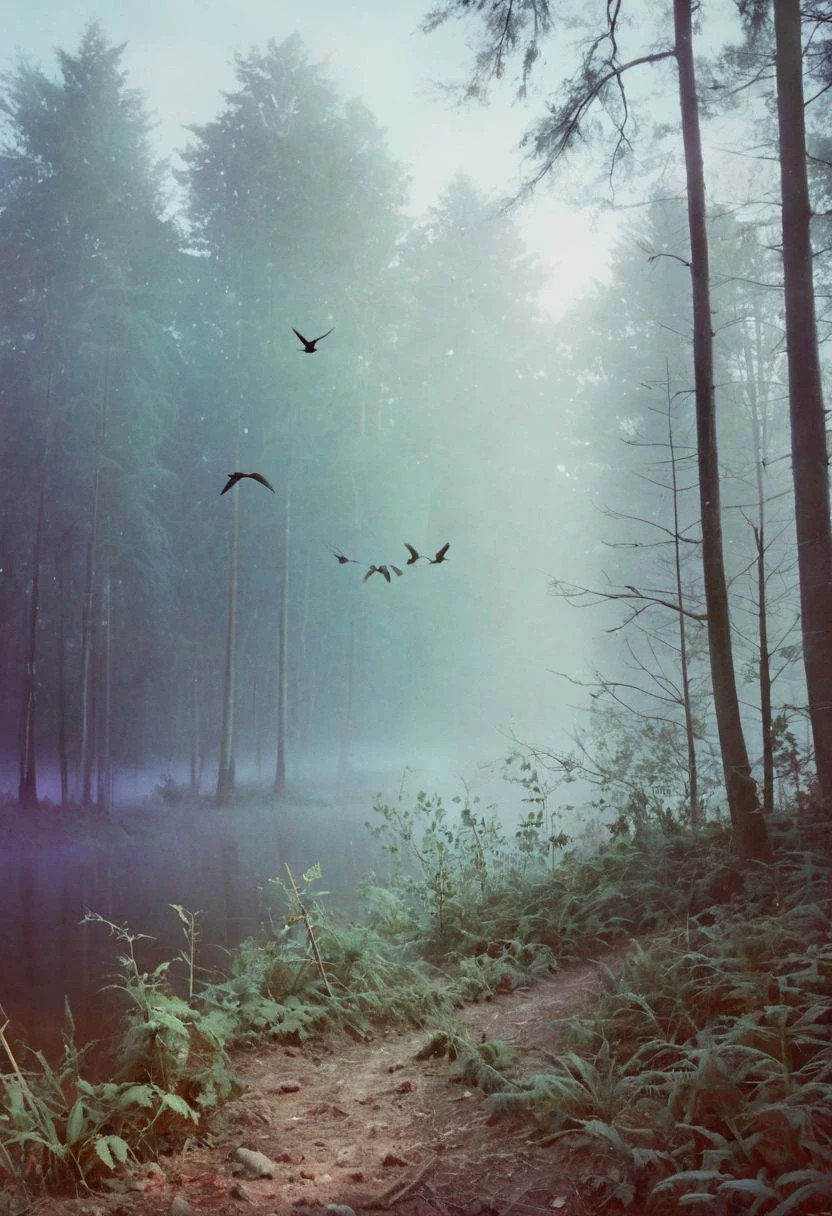 soaked_mundwasser, instagramphoto, a foggy forrest somewhere in europe with some birds in the sky, soft shadows, filmgrain