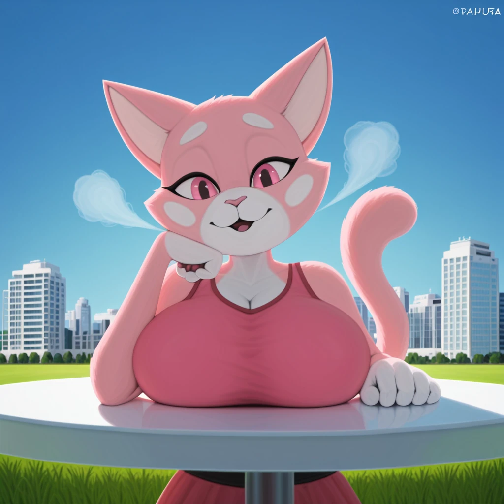 score_9_up, score_8_up, score_7_up, rating_questionable, furry_female, felid, (shima luan:1.2), pink eyes, tight pink dress, breath, breast rest on table, floating platforms,floating buildings, grass, blue sky, vectorized_background, <lora:ShimaPDXL:0.8>